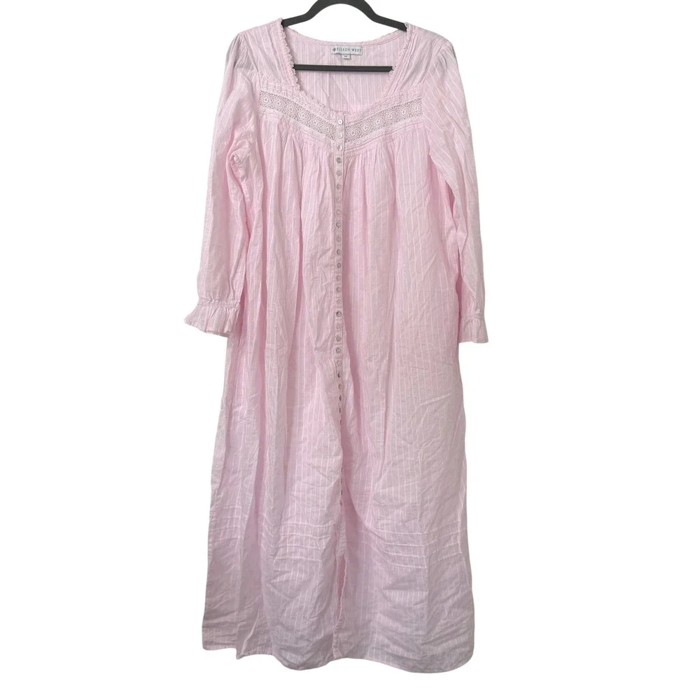 Eileen West Pink Cotton Dobby Stripe Lace Trim Nightgown Victorian Long Sleeve M